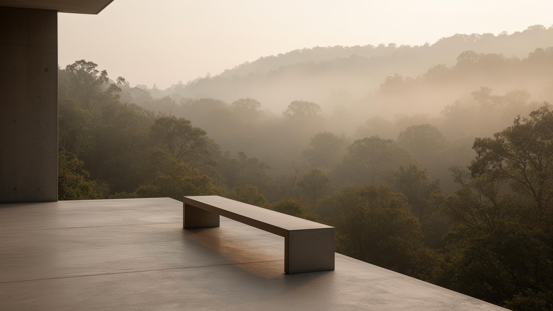 Minimal concrete terrace with bench overlooking a foggy forest valley