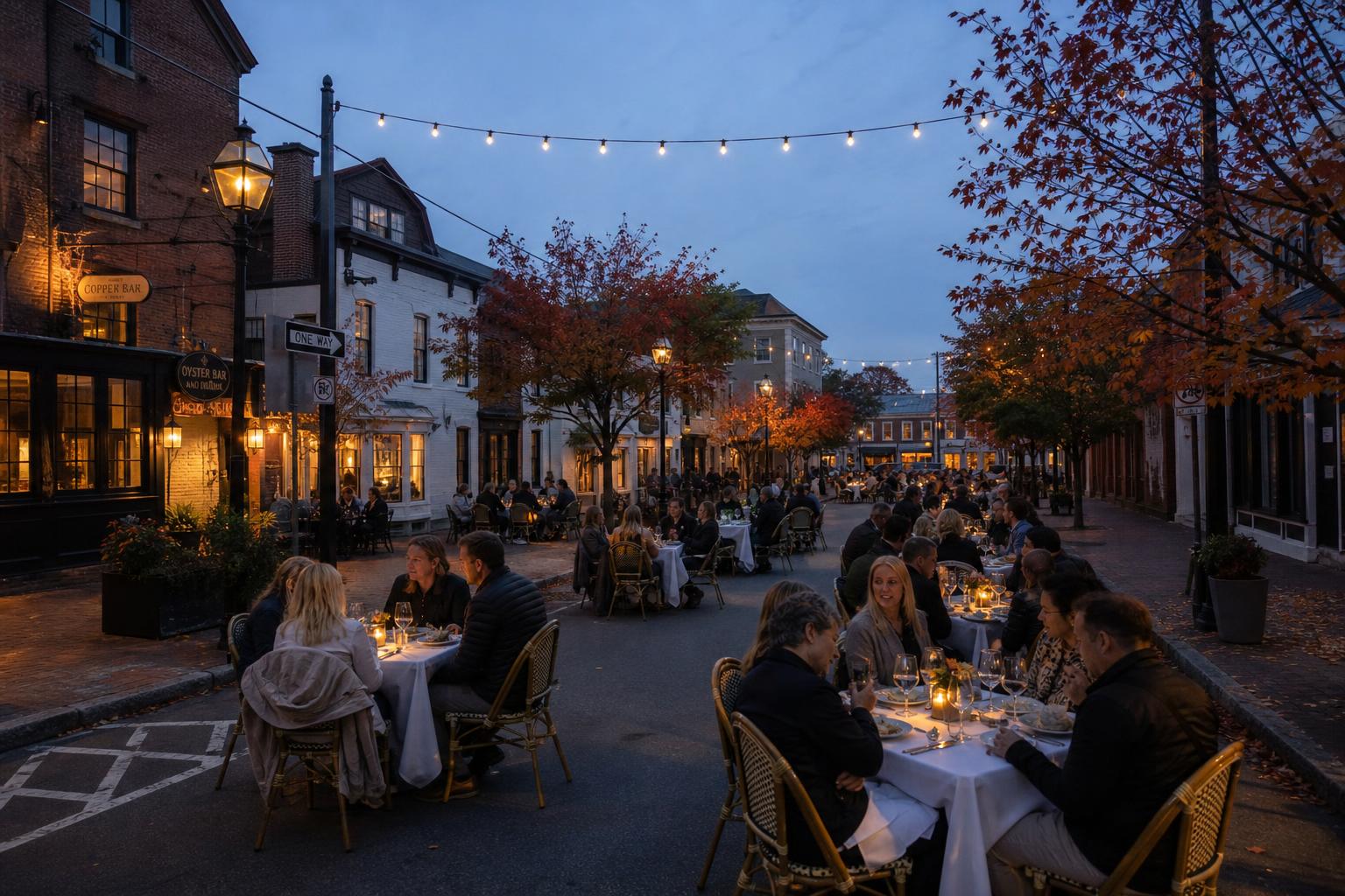 Outdoor dining under string lights along a charming brick and stucco street with autumn foliage